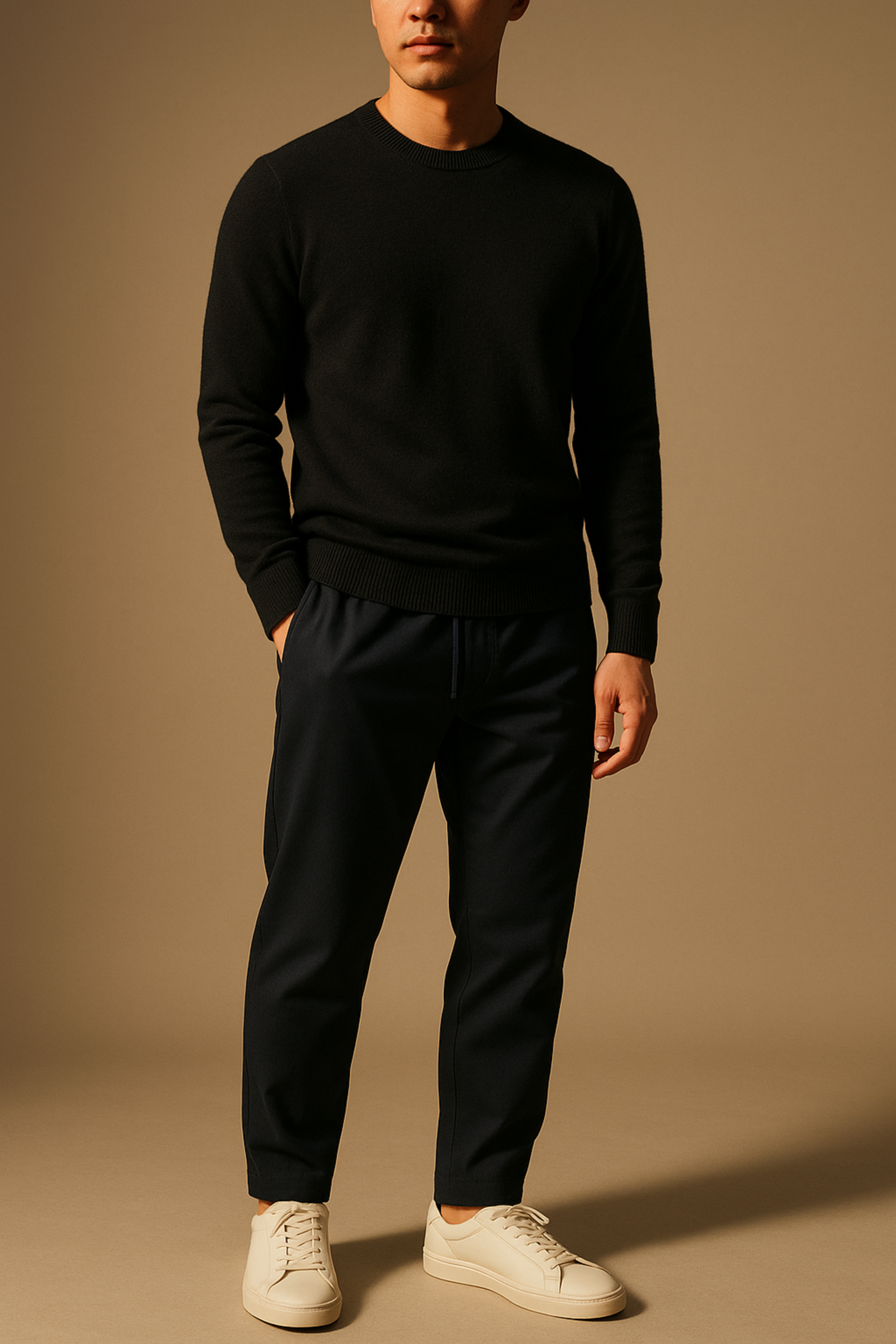 Person wearing a black long-sleeve top and pants with white sneakers on a brown background
