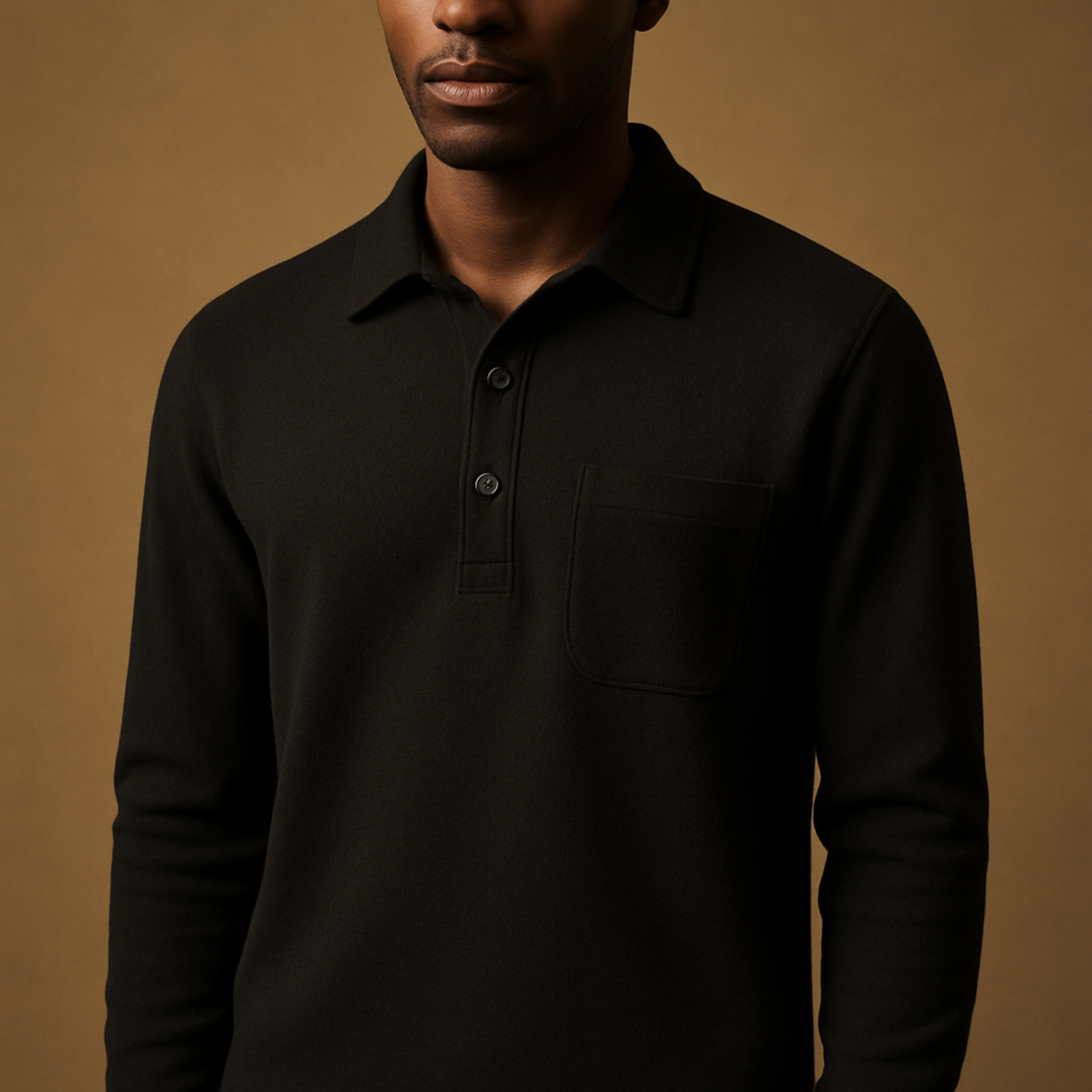 Man wearing a black long-sleeve polo shirt against a brown background