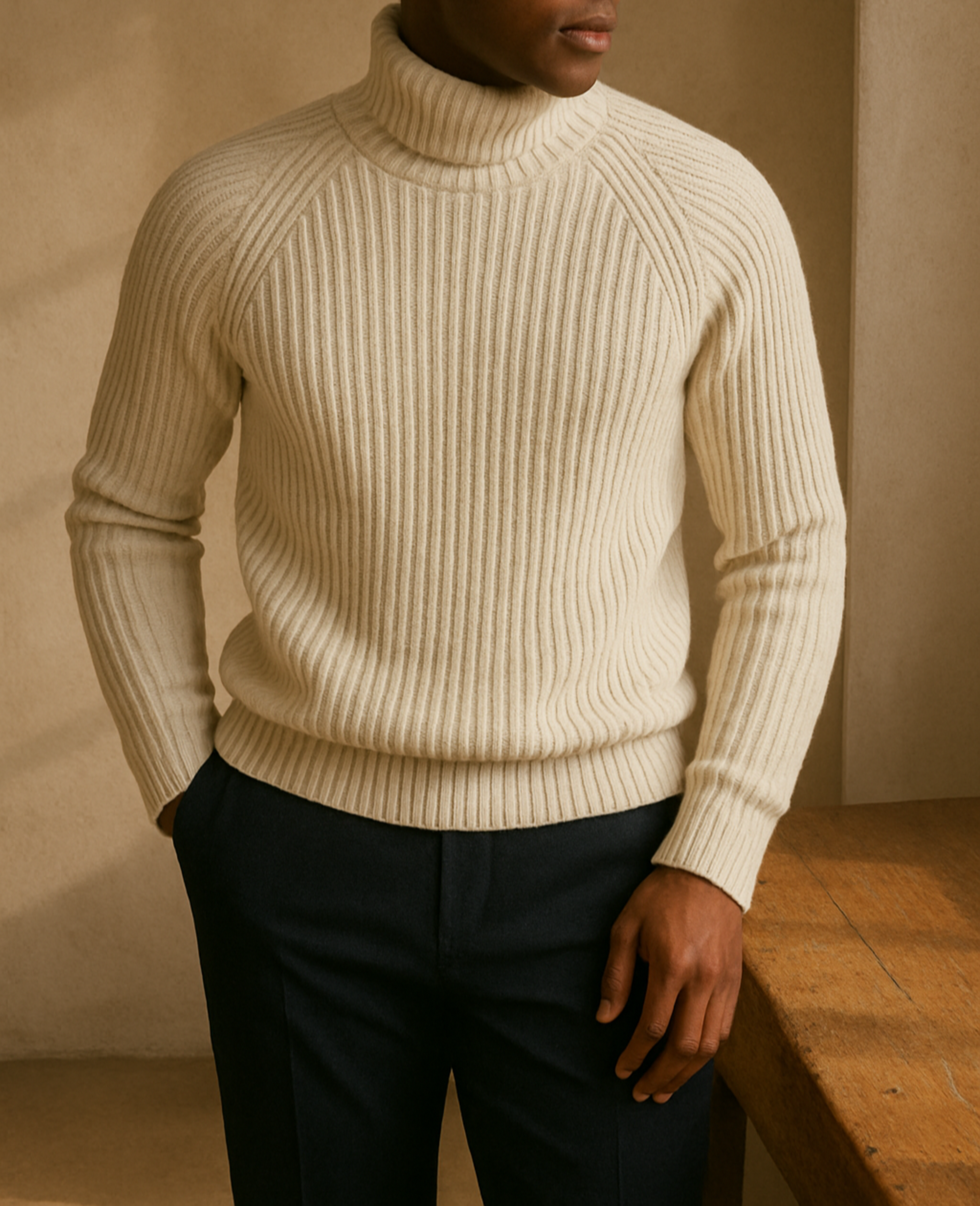Person wearing a beige ribbed turtleneck sweater against a neutral background