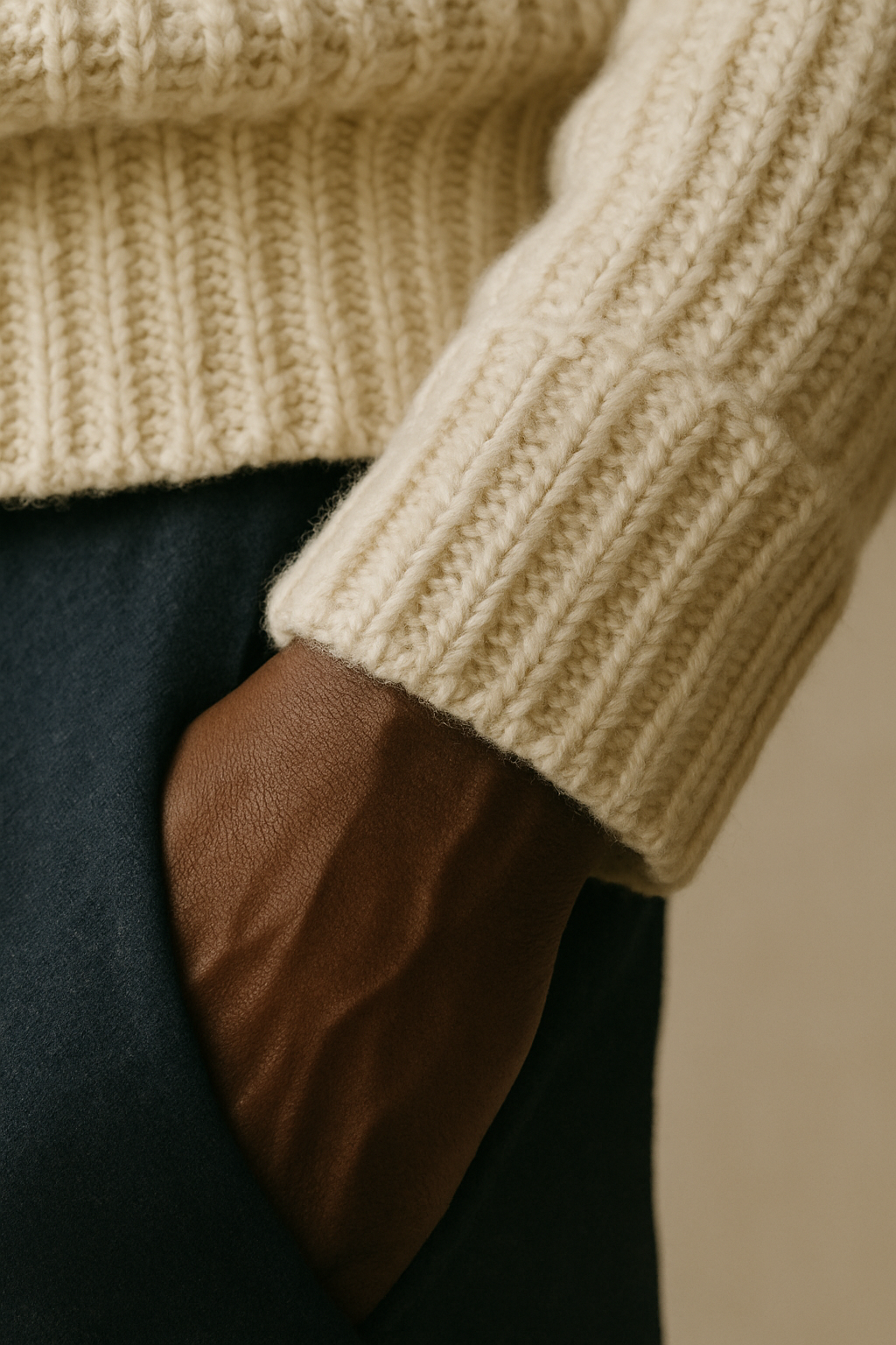 Close-up of a beige knitted sweater sleeve with a brown leather patch on a neutral background