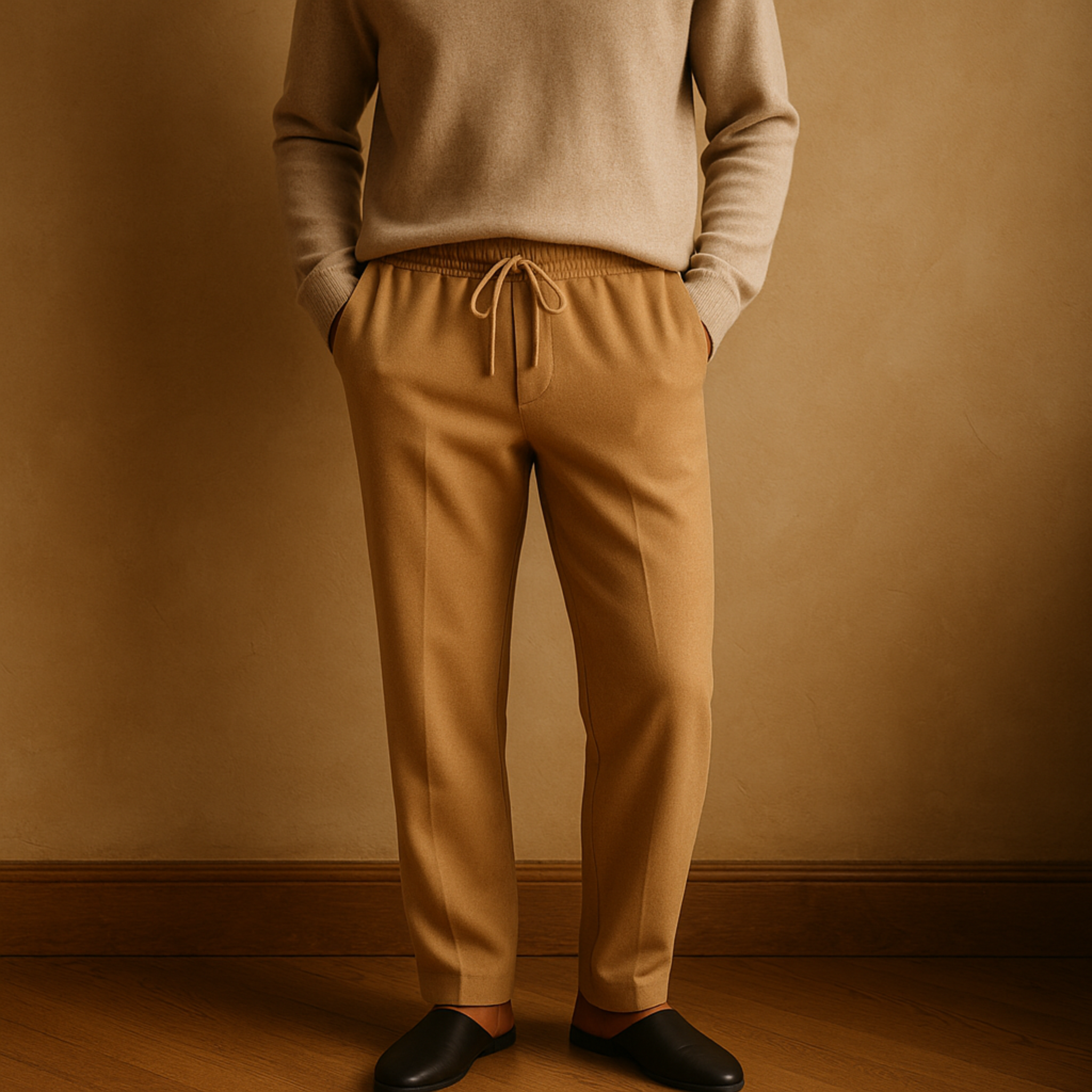 Person wearing a beige sweater and brown pants against a warm-toned wall.