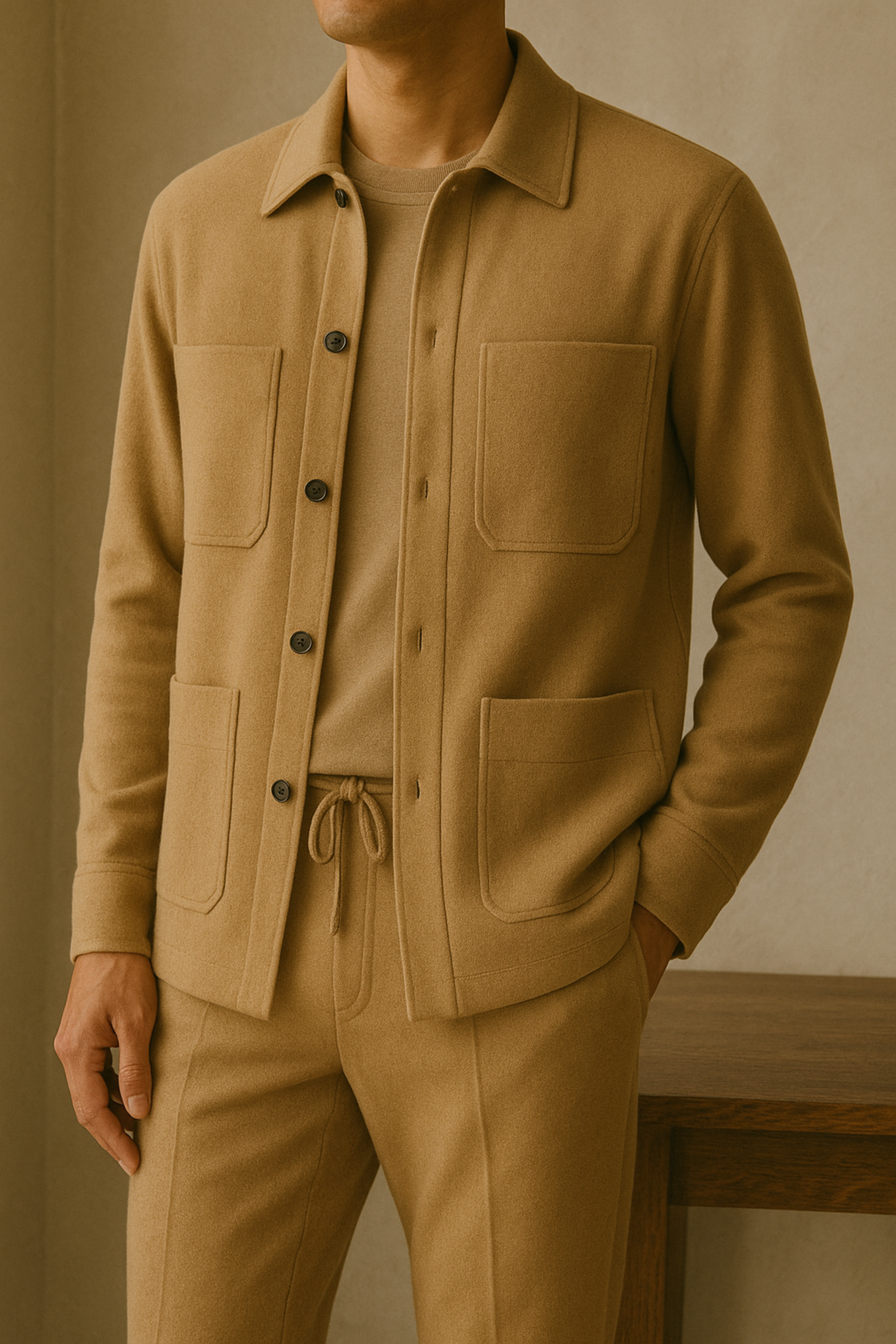Man wearing a beige jacket and pants against a neutral background