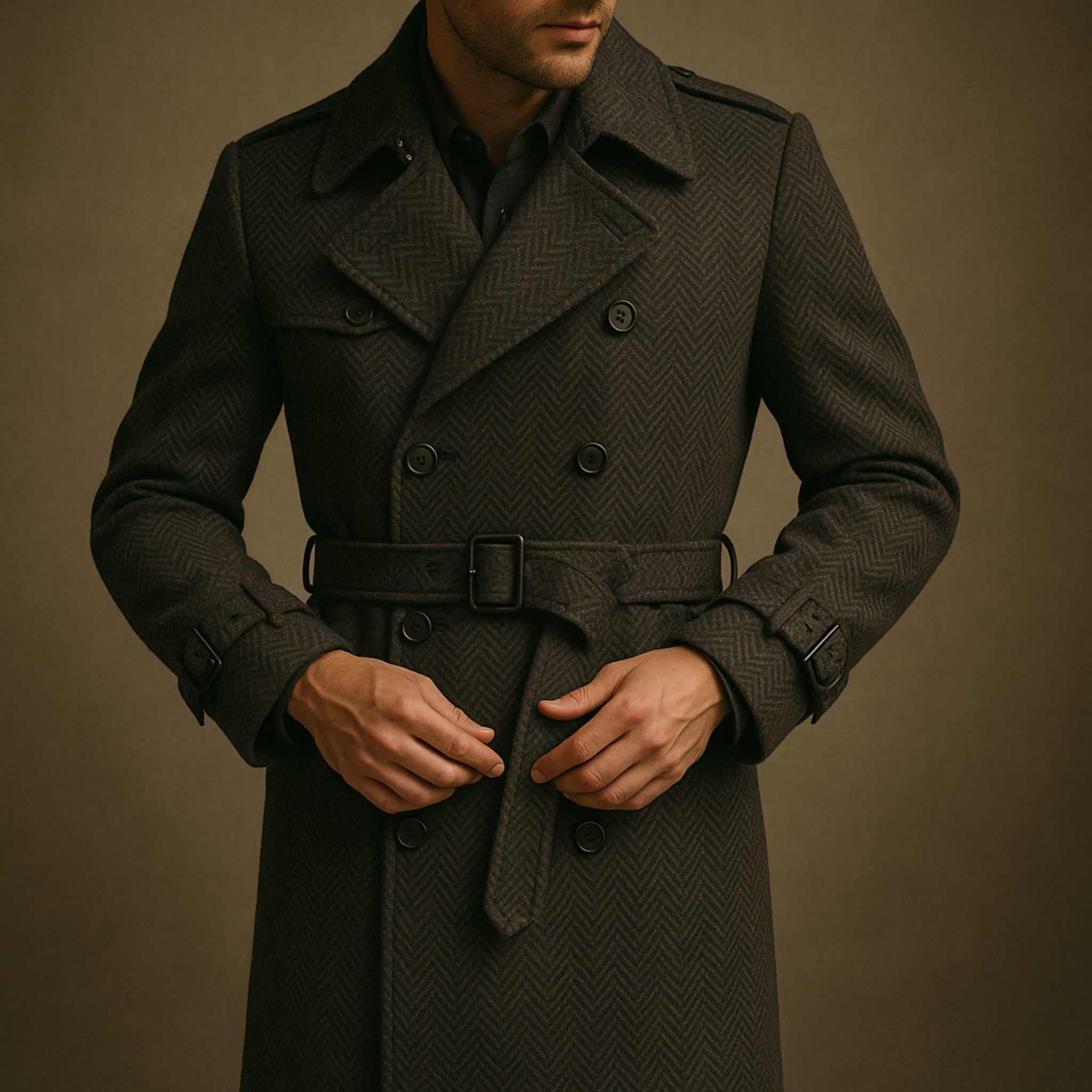Man wearing a dark gray trench coat against a brown background