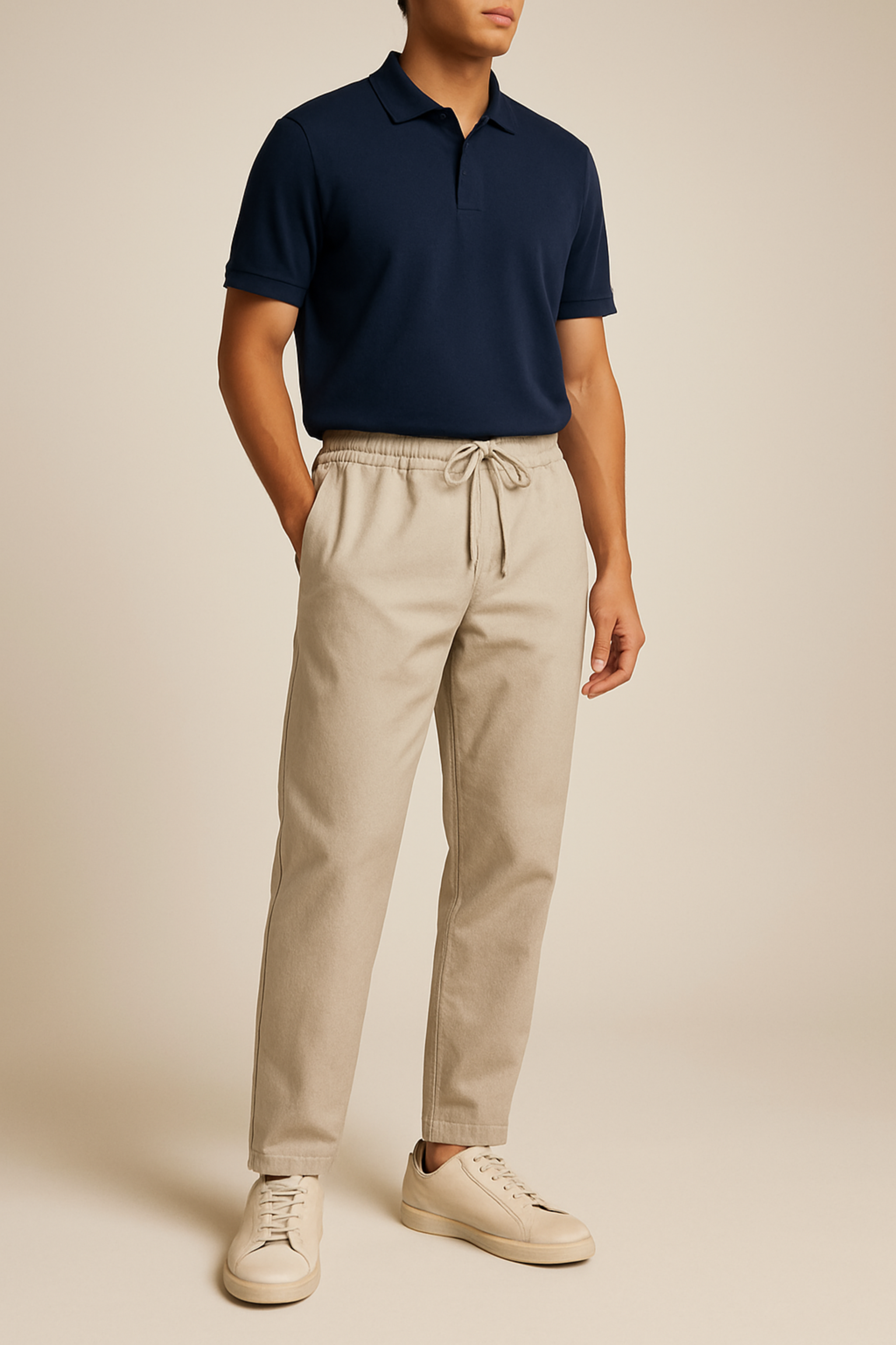 Person wearing a navy polo shirt and beige pants on a beige background