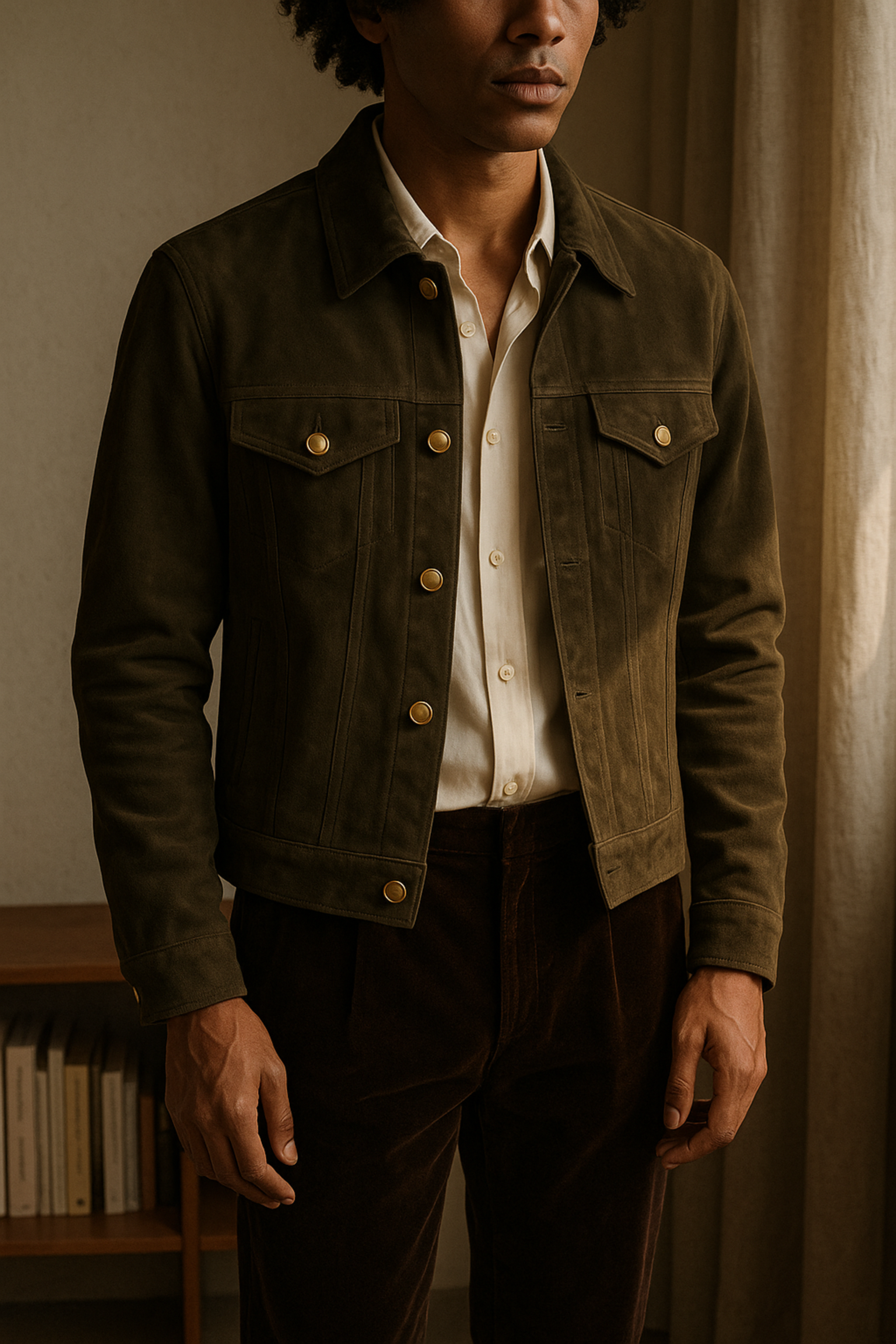 Dark Olive Suede Trucker Jacket