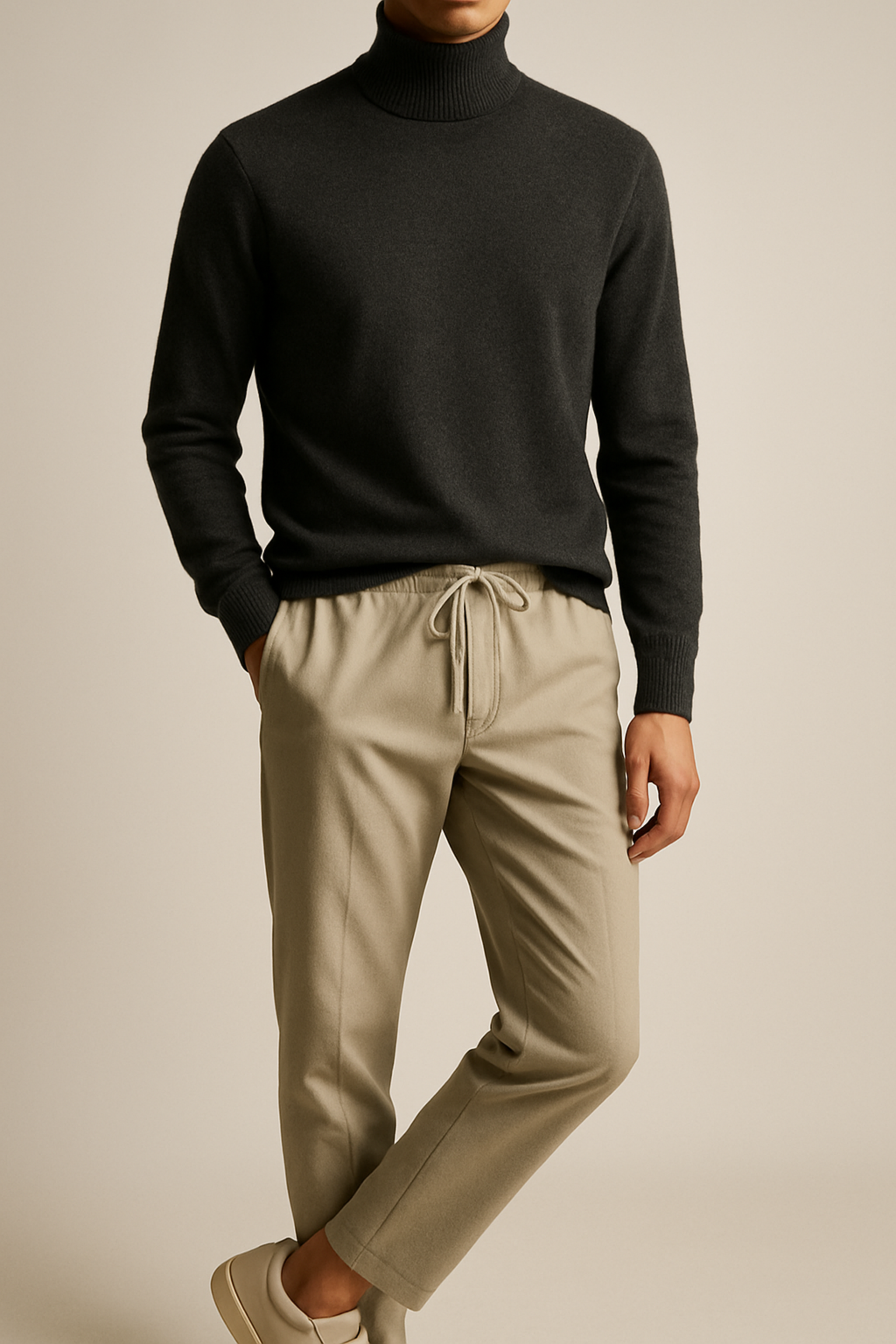 Person wearing a black turtleneck sweater and beige pants on a neutral background